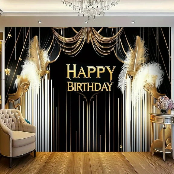 Roaring 20's Happy Birthday Backdrop Black and Golden Retro 1920s Birthday Photography Background White Gold Feathers Vintage Art Birthday Party Decorations Banner Supplies Photo Booth Props