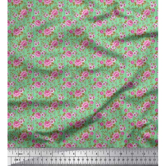 Soimoi Moss Georgette Fabric Stripe,Leaves & Peony Floral Printed Fabric 1 Yard 42 Inch Wide