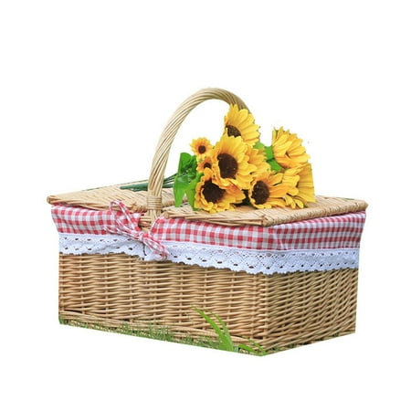 

Picnic Basket - Woven Natural Wicker Basket with Handles &Lid and Red and White Gingham Blanket Lining