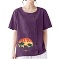 thumbnail image 4 of Lydiaunistar Hauts de Printemps pour Femmes Grande Taille Blouse Décontractée à Manches Courtes Imprimée Boutonnée, T-Shirt Col Rond en Polyester pour Femmes, Haut de Mode Polyvalent Violet, 4 of 6