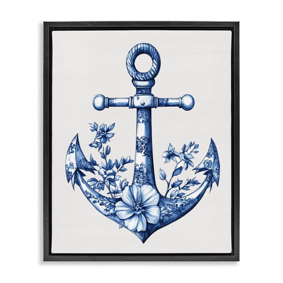 Toile Patterned Anchor Black Framed Floater Canvas Wall Art, design by Lettered and Lined