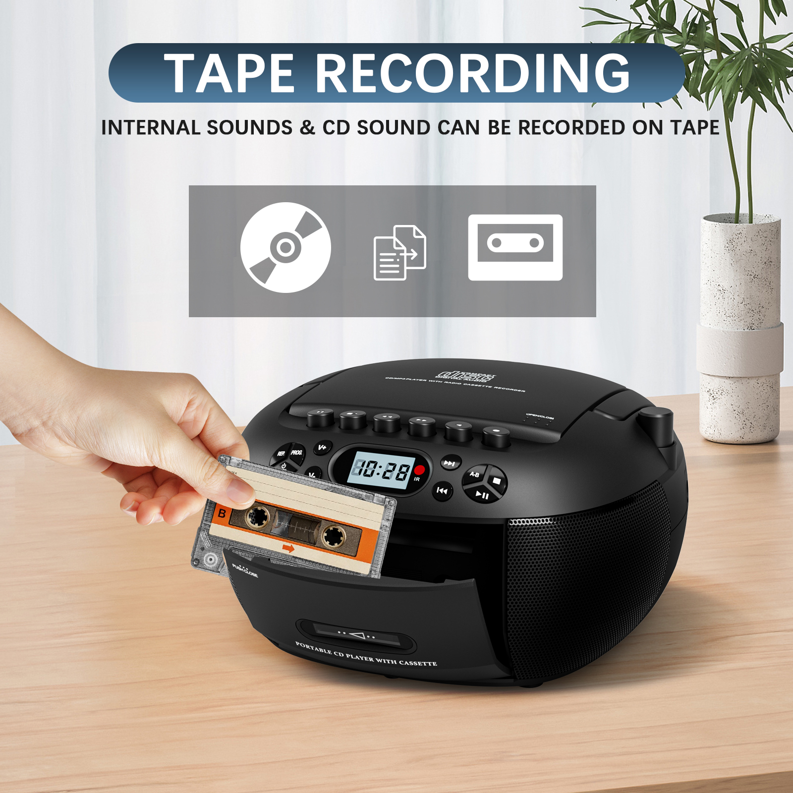 LC-dolida CD Player Boombox, Portable Cassette Player Combo with Bluetooth CD MP3 CD-R CD-R FA Radio AC/DC Powered with Remote Control, Stereo Sound for Home, Kids ,Outdoor, Gift(Black)