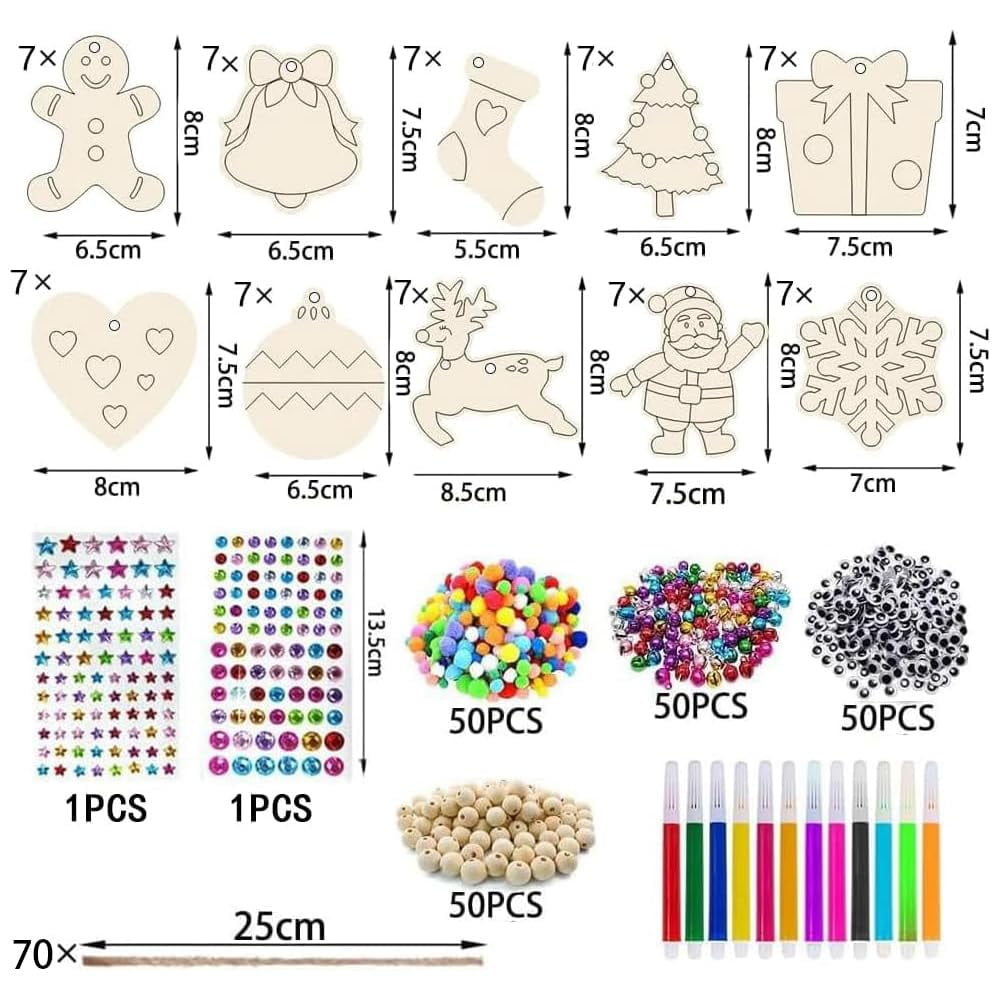 YUNOVA DIY Christmas Wood Ornaments Painting Kit for Kids - 70PCS Blank Wooden Shapes with Watercolor Pens, Strings, Eyes for Tree Decorations, Holiday Crafts
