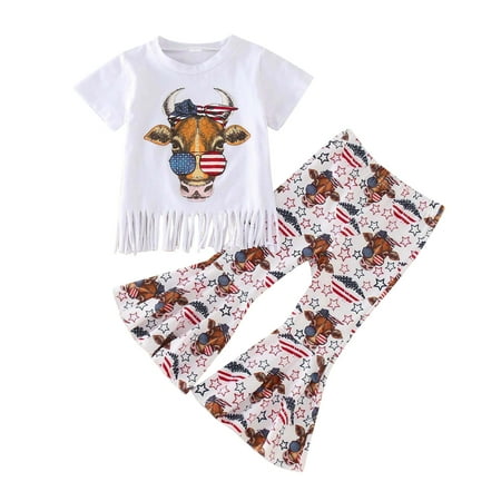 

Clothes for Teen Girls Crop Tops 3 Piece Set Girls Toddler Girls Short Sleeve Independence Day 4th Of July Cartoon Cow Printed Tassels T Shirt Tops Bell Bottoms Pants Kids Outfits