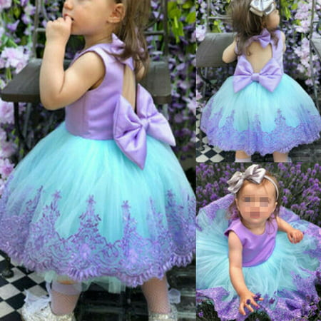 Cute Kids Baby Girls Dress Lace Bow Hollow Back Flower Tulle Pageant Party Princess Formal Gown Tutu Prom Dress 6M-5Y