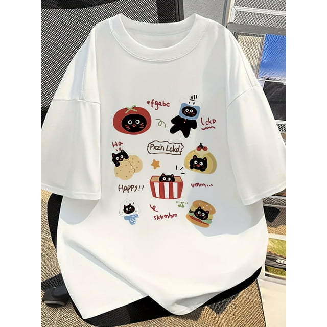 T-Shirt Graphique Blanc "Meow" pour Femmes - Illustrations de Chat Mignon, T-Shirt à Manches Courtes Ample pour Printemps/été, Décontracté avec Col Rond, Tee-Shirt Décontracté / Haut Imprimé Ludique / Ajustement Confortable