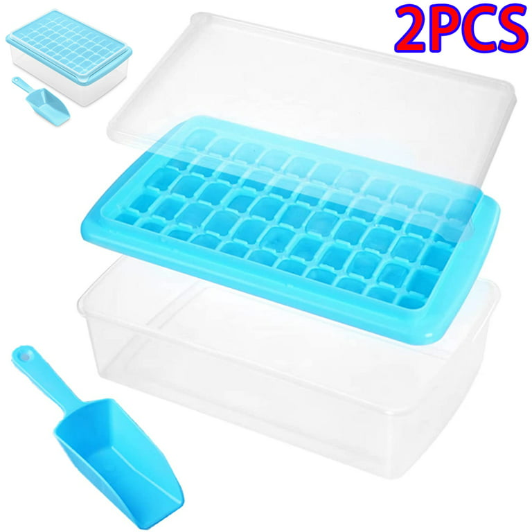 Ice Cube Tray (Blue) with Lid and Bin for Freezer, Easy Release 2 Pack of  55 Nugget Ice Trays Molds with Cover One Storage Bucket Bin and One Scoop.  Perfect Small Ice