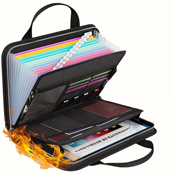 Fireproof Accordion File Organizer, 13 Pockets Expanding File Folder with Handle, Portable Business Document Organizer with Secure Storage for Letter A4 Files