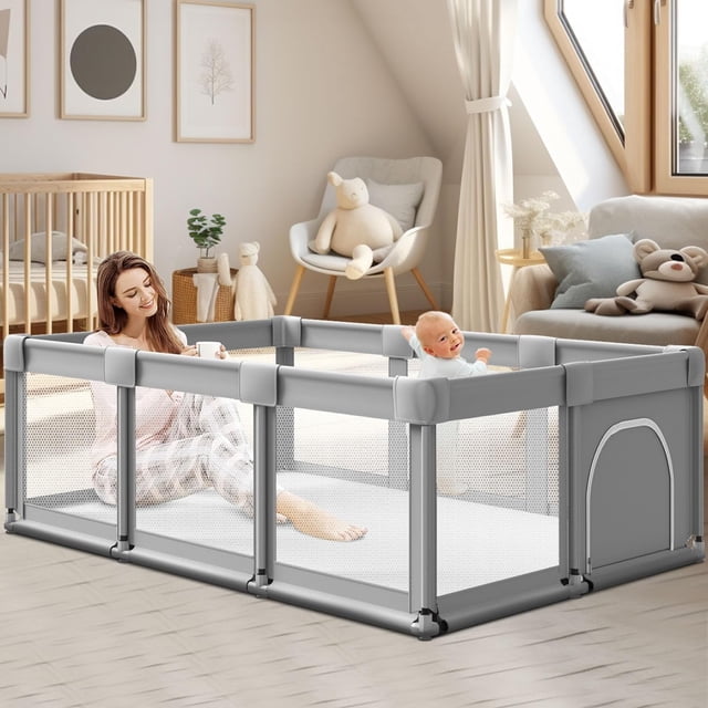 Parque infantil XVISHX con portón, 188 x 127 cm, interior/exterior, gris
