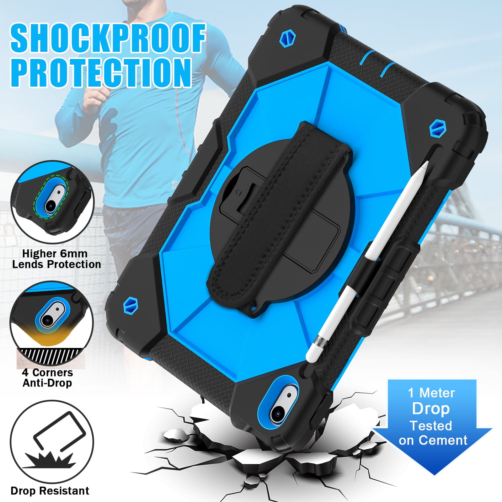 ELEHOLD Rugged Hybrid Case for iPad 11th Gen (A16) 2025 11-inch,with Built-in Kickstand 360° Rotating Handstrap Pencil Holder Crossbody Shoulder Strap Shockproof Heavy Duty Case,Black/Blue