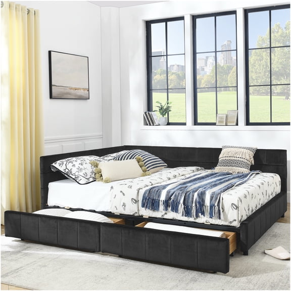 Queen Upholstered Daybed with Storage, Velvet Sofa Bed for Living Room or Bedroom, Mid-Century Modern Style, Black