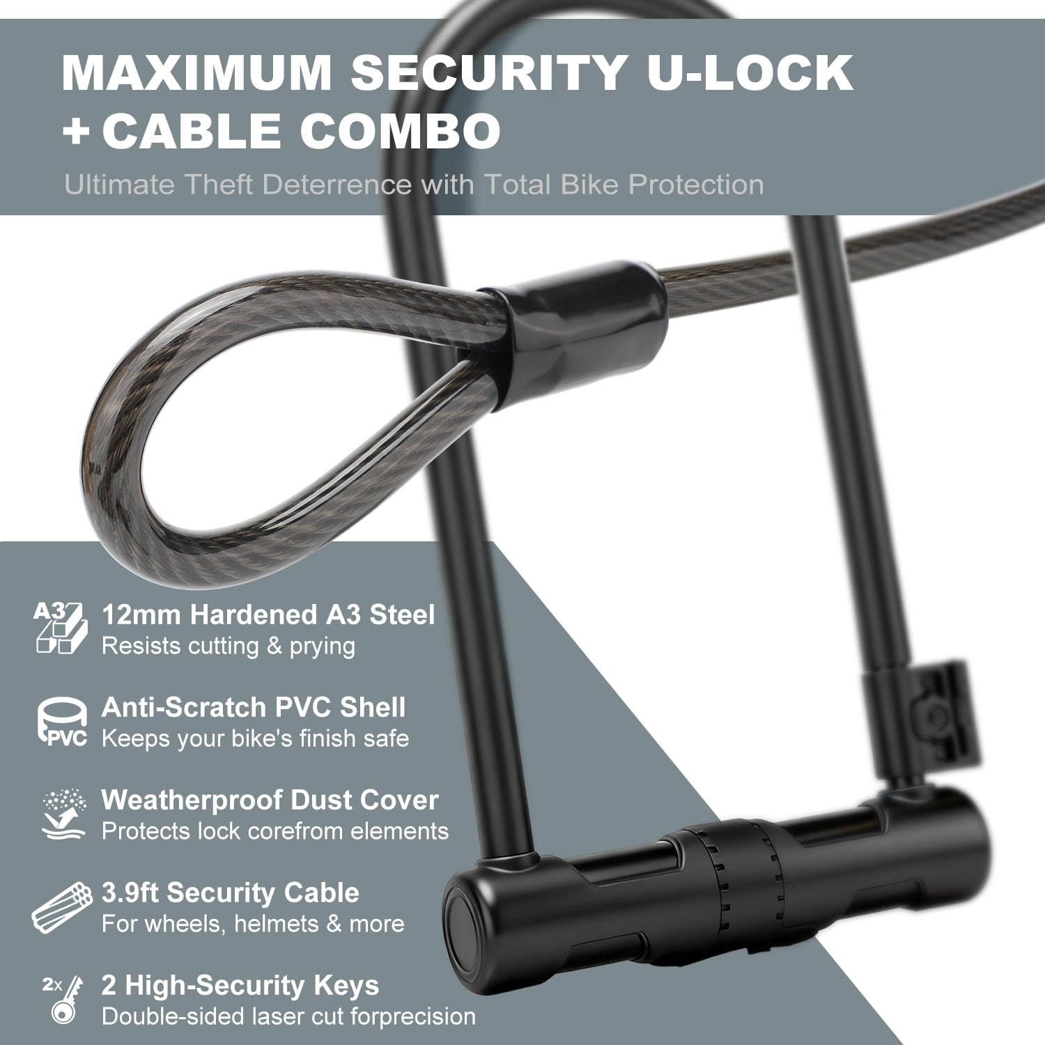 Apecyc 12mm U-Lock Bike Lock with 4ft Security Cable, Heavy Duty Bicycle Lock with Mounting Bracket & Dust Cover,Keyed Anti Theft Lock for Motorcycle, Ebike, Scooter