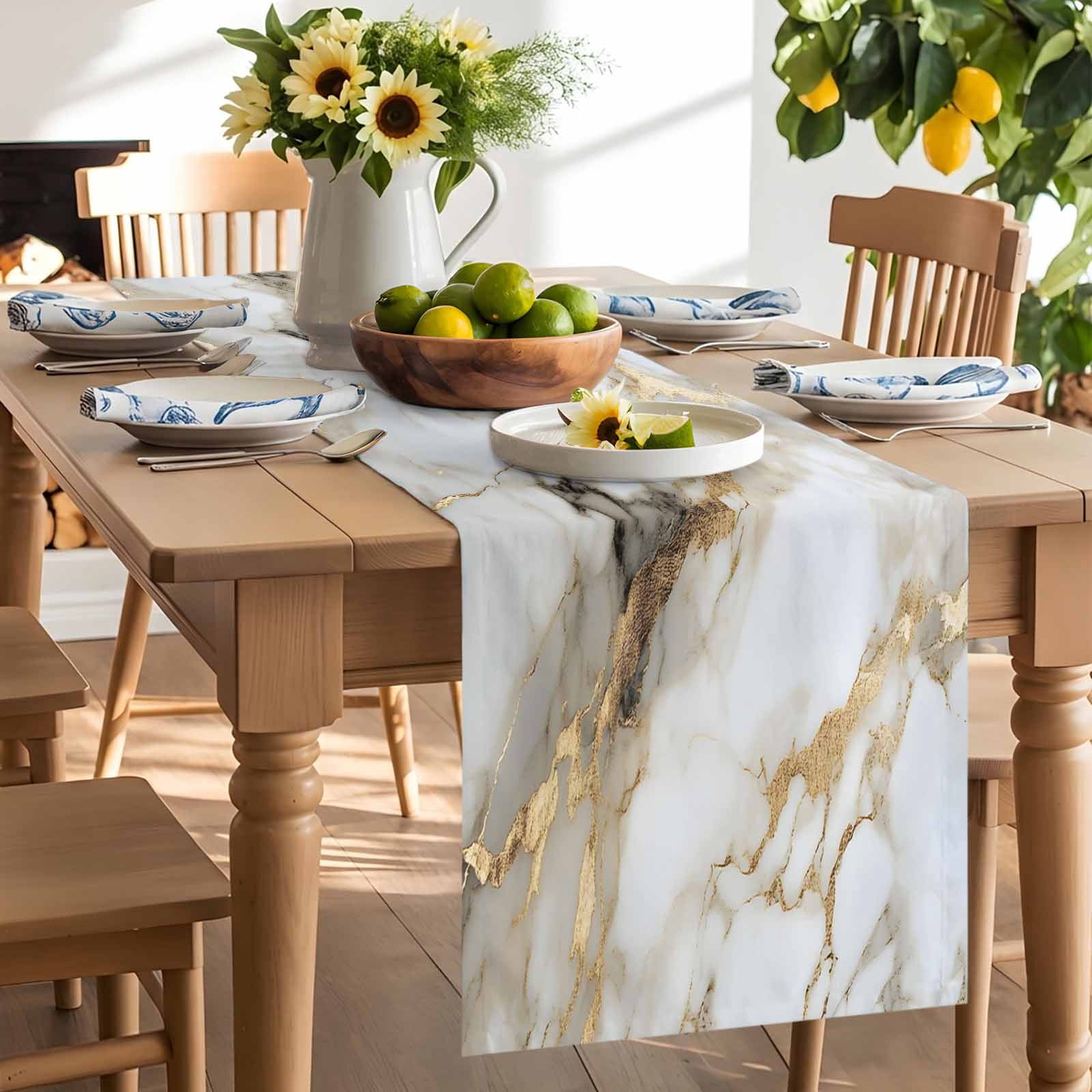Abstract Natural Art Marble Pattern Table Runner 90 Inches Long, Stone Texture Gpld Stripe Table Runners Tabletop Scarf Kitchen Dining Tables Decoration for Home Party Indoor Outdoor