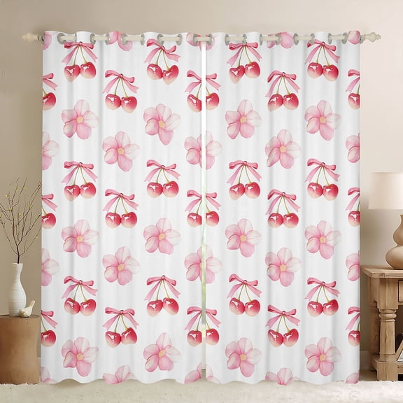 Erosebridal Pink Cherry Blossoms Black Out Curtains for Kids Girls, Kawaii Cherry Bow Curtains Pack of 2 (42x63 Each), White Pink