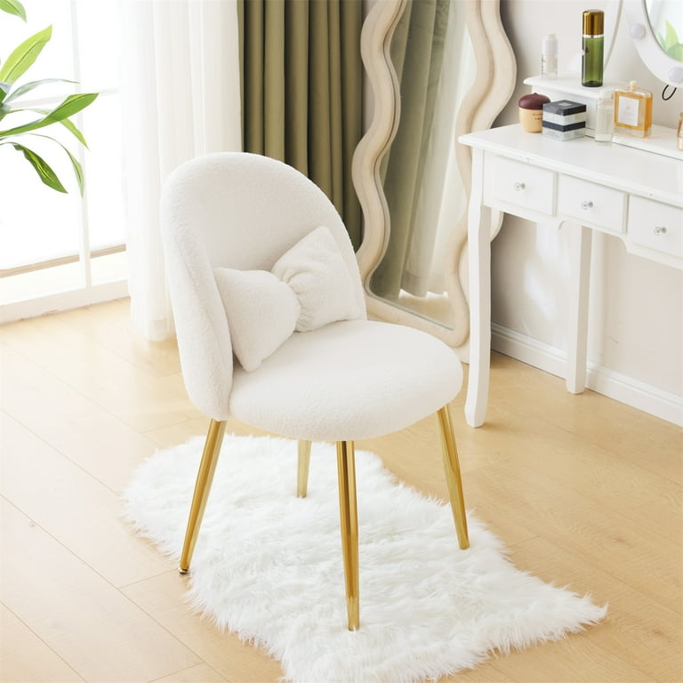 Ktaxon Vanity Makeup Chair Comfy Accent Chair Small Office Chair for Living Dining Room Bedroom Home Office Teddy Fleece White