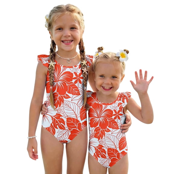Grblisyd Girls Swimsuit Flutter Sleeve Hawaiian One Piece Bathing Suit Crew Neck Girls'Swimwear 10Y