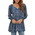thumbnail image 2 of Womens Boho Floral Blouse Ruched Lantern Sleeve Shirts Ruffle Hem Peplum Tops V Neck Long Sleeve Flowy T-Shirts, 2 of 5