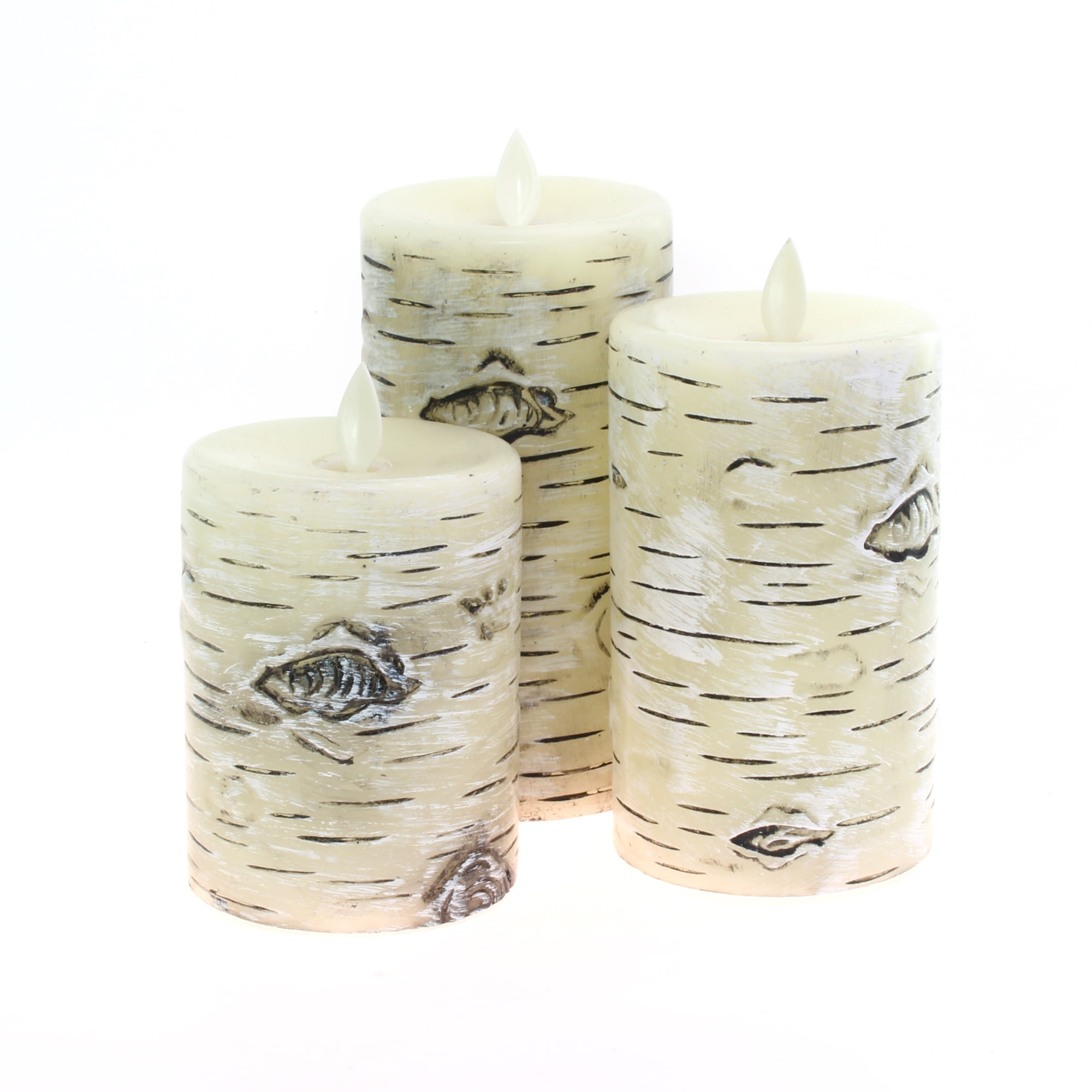 Flameless Candles Set of 3 ,D 3" x H 4" 5" 6"  Birch Bark Real Wax Pillars & Moving Flame Wick LED Candles with  Remote Control