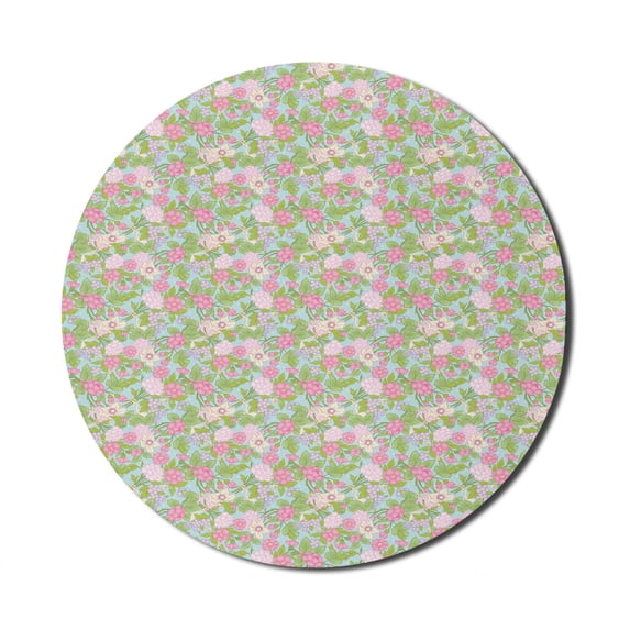 Floral Mouse Pad for Computers, Spring Flourish Blooms Rose Buds Botanical Beauty Branches Image, Round Non-Slip Thick Rubber Modern Gaming Mousepad, 8" Round, Pistachio Green Lilac, by Ambesonne