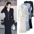 thumbnail image 5 of ZJYT Elegante vestido de suéter de punto de una pieza con volantes y cuello en V para mujer Otoño 2024 Vestido de fiesta de noche con mangas acampanadas y trompeta, 5 of 5