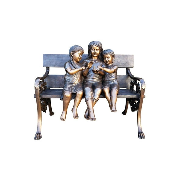 Three kids on a Bench Holding a Bird Bronze Statue -  Size: 40"L x 30"W x 33"H.