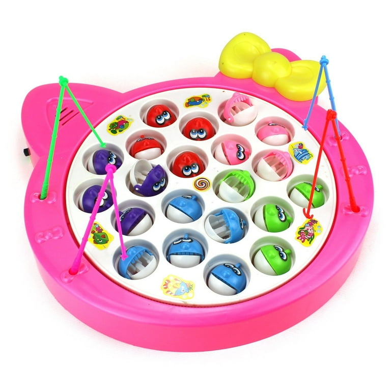 Fishing Diary Game for Children Battery Operated Rotating Novelty Toy  Fishing Game Play Set w/ 21 Fishes, 4 Fishing Rods, Music (Pink)