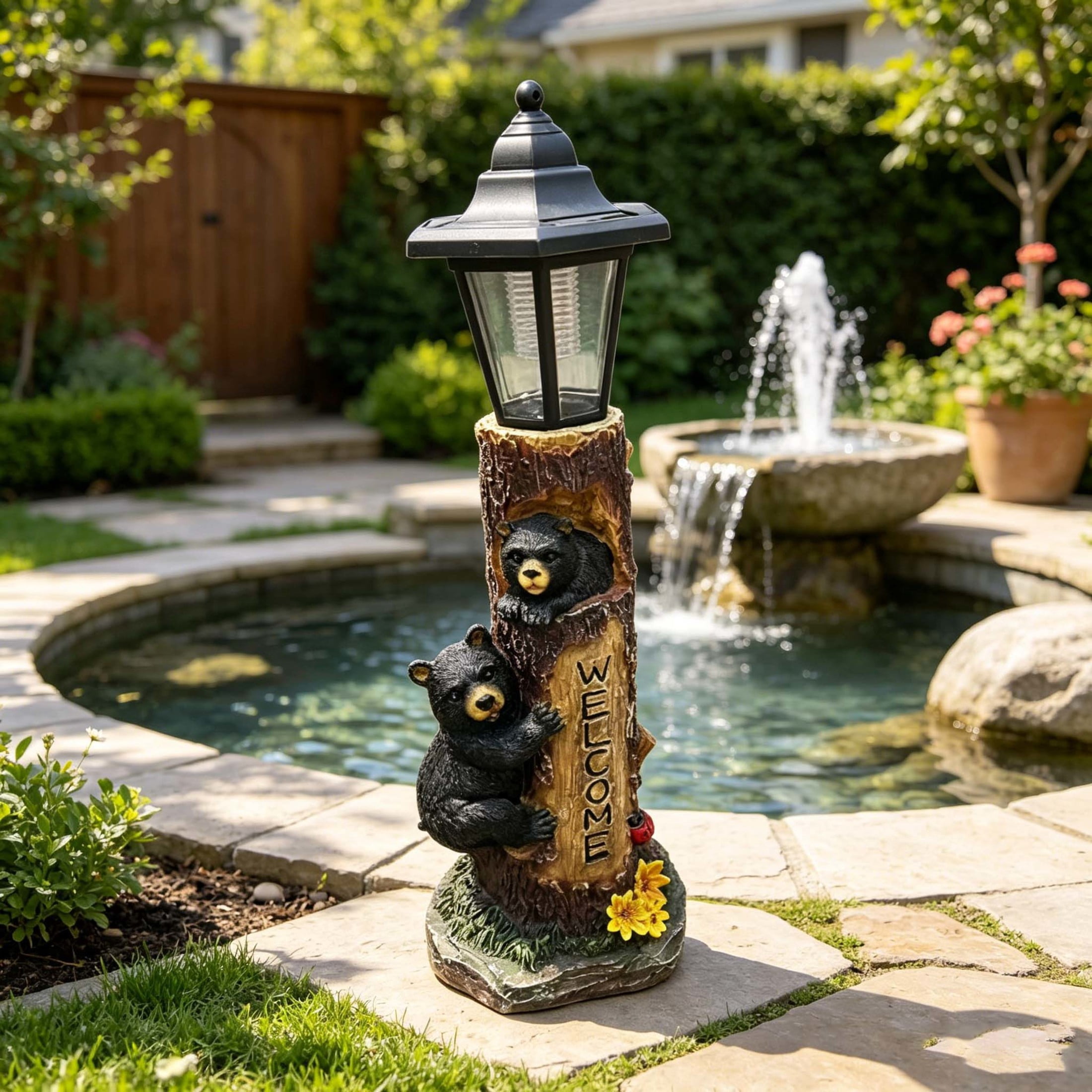 GDF Studio 18" Bear Family Tree Statue with Solar-Powered Light and Welcome Sign for Courtyard, Garden and Patio, Brown