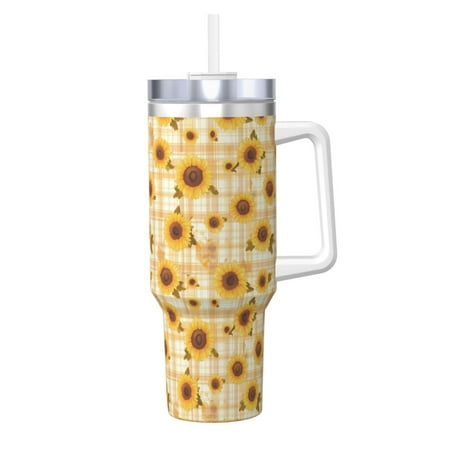 

Cauagu Coffee Plaid Sunflower Print Stainless Steel Vacuum Insulated Tumbler 40oz Water Bottle with Handle & Flip Straw Reusable Travel Coffee Mug for Women & Men