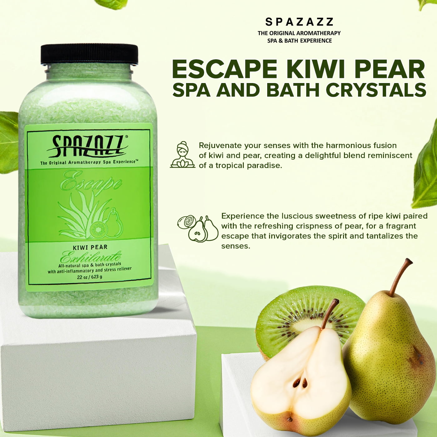 Spazazz Aromatherapy Escape Kiwi Pear Exhilarate Spa and Bath Crystals, 2 Pack (22 oz Each). Crystals and Bath Salts for Hot Tub and Bathtub Spa - Aromatherapy Scented Salts for Relaxation!