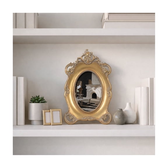 Handpainted Ornate Oval Picture Frame for Home Decor - Decorative Frame with Intricate Polyresin Design for Tabletop and Shelf Styling - Rustic Photos Display for Living Room - 11", Gold & Metallic
