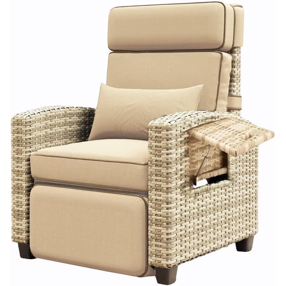 Senfot Outdoor Wicker Recliner Chair - Adjustable 145° Lounge Chair with Removable Cushion, Perfect for Patio, Poolside, Balcony Khaki