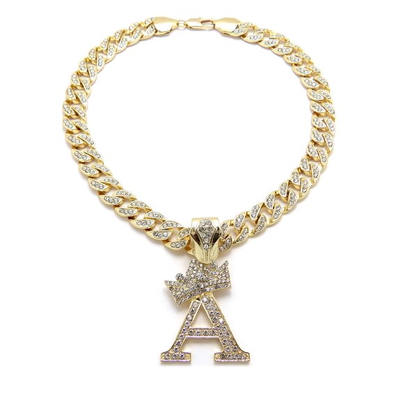 iJewelry2 Kings and Queens Crowned Initial Letter A Crystals Pendant Gold-tone Cuban Linked Chain Necklace