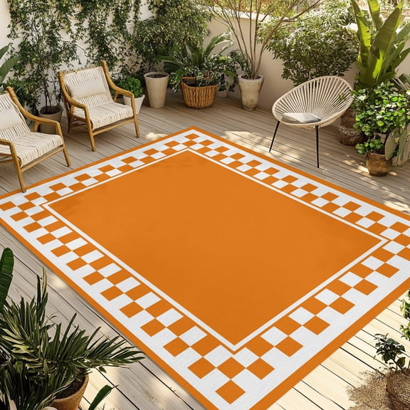 Orange Square Outdoor Rug, Graphic Retro Yellow White Checkered Border Non-Slip Area Rugs Carpet Breathable Large Floor Mat for Outdoors Patio Porch Deck Beach 3’ x 5’