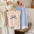 thumbnail image 3 of Hiiyo Toddler Girls Outfits Ruffle Sleeve T-Shirt Checkered Lace Pants Suit, 2-Piece, 3 of 3