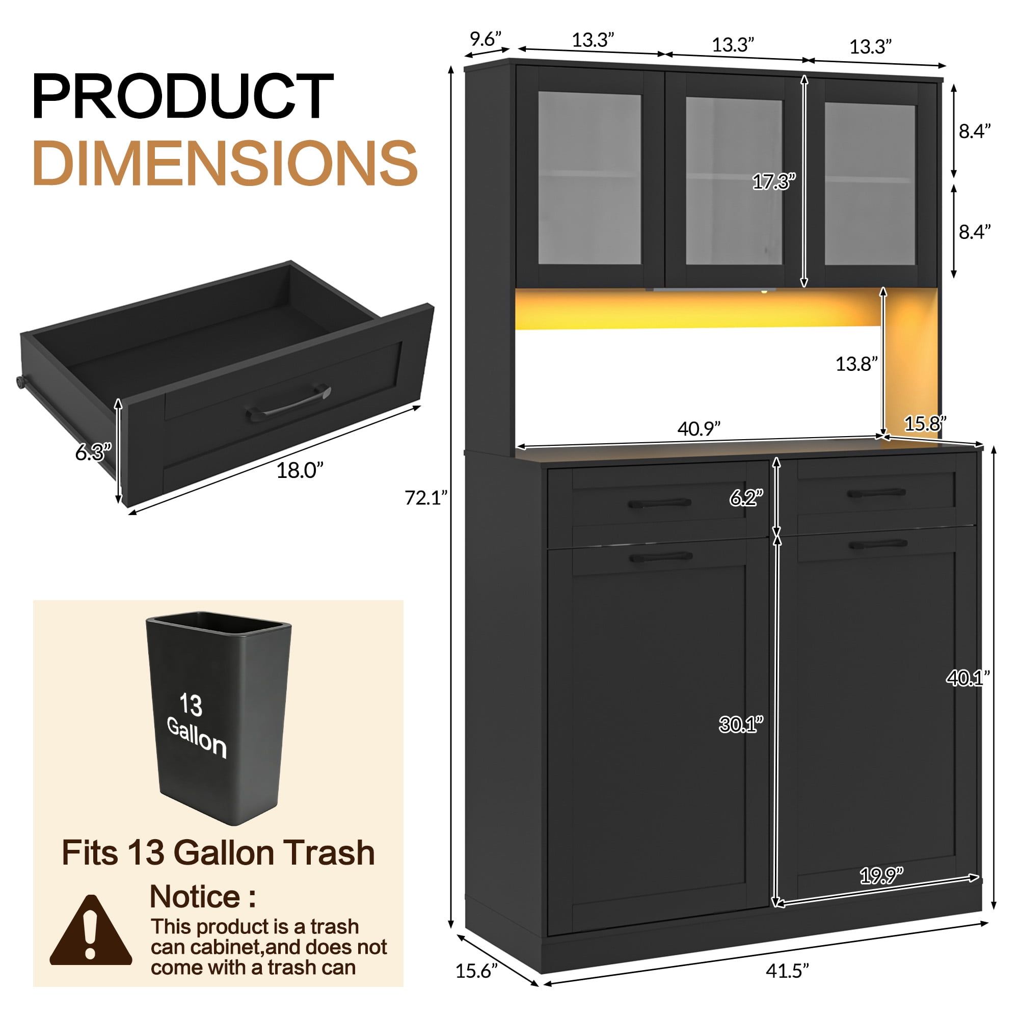ANPOO 72.1"H Kitchen Pantry Storage Cabinet with Power Outlets & LED light, Kitchen Double Tilt Out Trash Cabinet 13X2 Gallon Garbage Holder with Two Drawers, Freestand Laundry Sort Cabinets