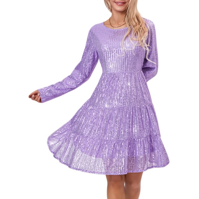 Diconna Robe Courte à Paillettes pour Femme, Paillettes, Manches Longues, Couleur Unie, Robe à Étages, Robe Babydoll Ample