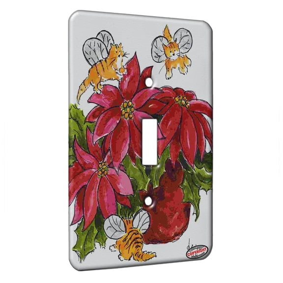 KuzmarK™ Single Gang Toggle Switch Wall Plate - Tiny Tiger Kitty Fairies Pointsettia Christmas Cat Art by Denise Every