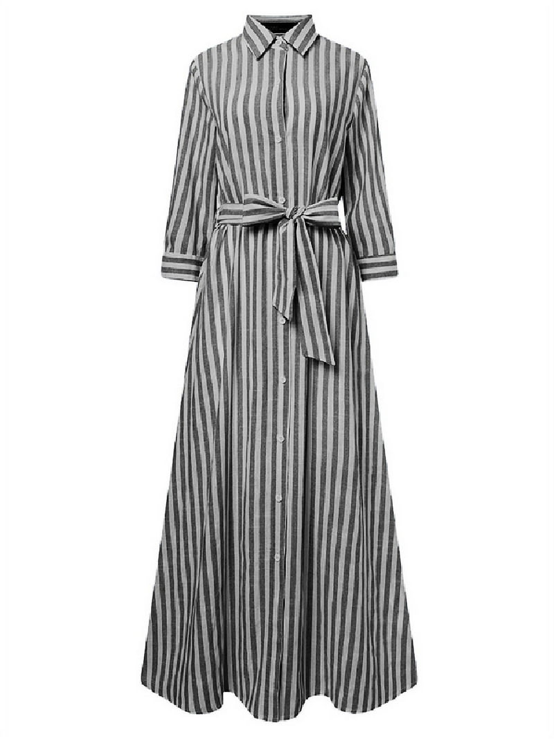ZANZEA Women Turn-down Collar Striped Belted Button Down Maxi Dress -  Walmart.com