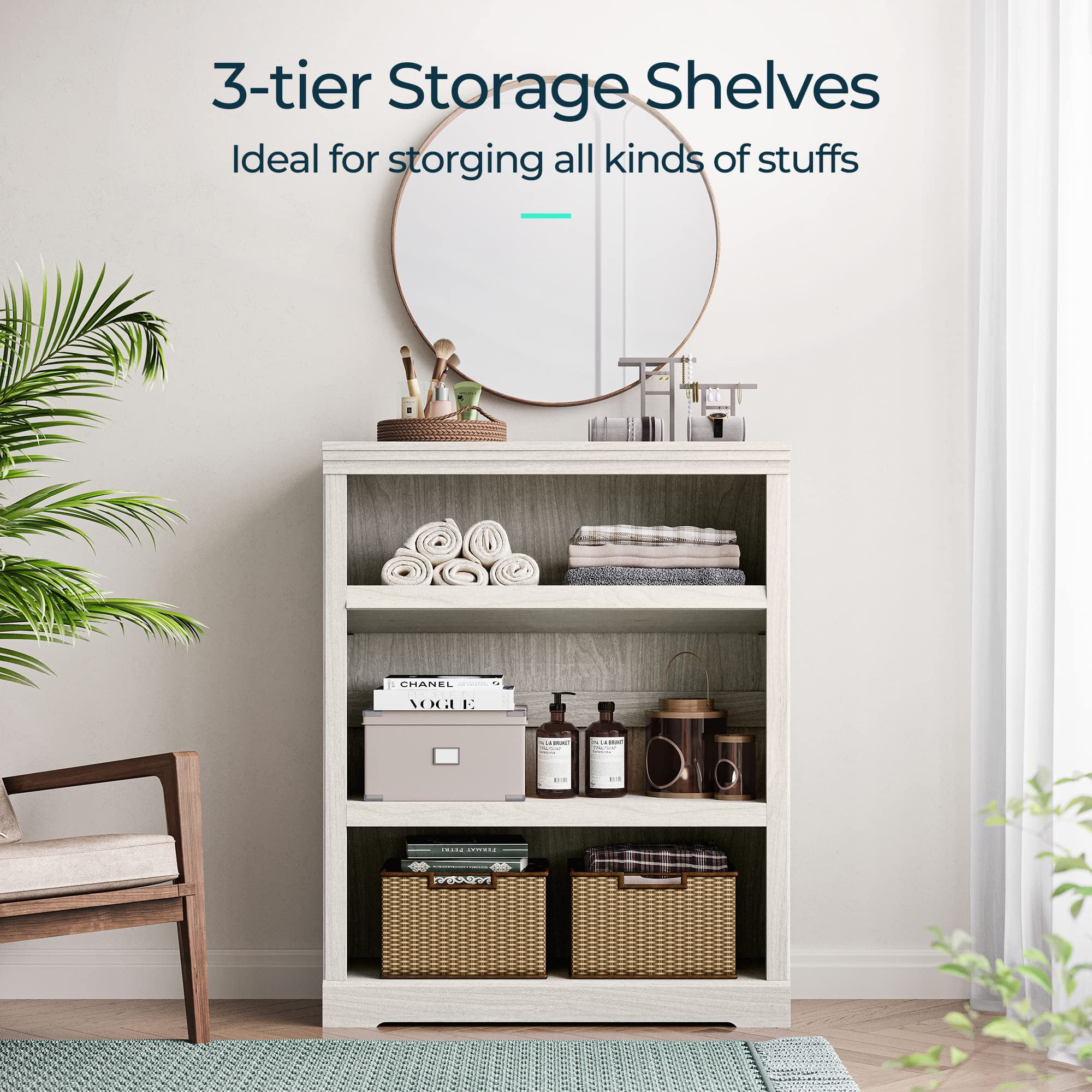LINSY HOME 40in 3 Tier Bookshelf, Small Bookcase Shelf Storage Organizer, Modern Book Shelf for Bedroom, Living Room and Home Office,White Oak