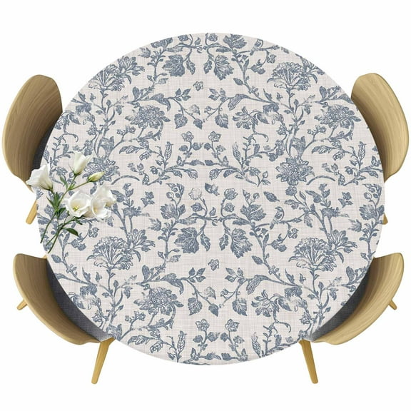 Blue Floral Round Tablecloth 36-44 Inch Round Fitted Table Cloth with Elastic Edge, Farmhouse Vintage Flower Leaf Botanical Waterproof Table Cover Protector for Outdoor Picnic Party Dining