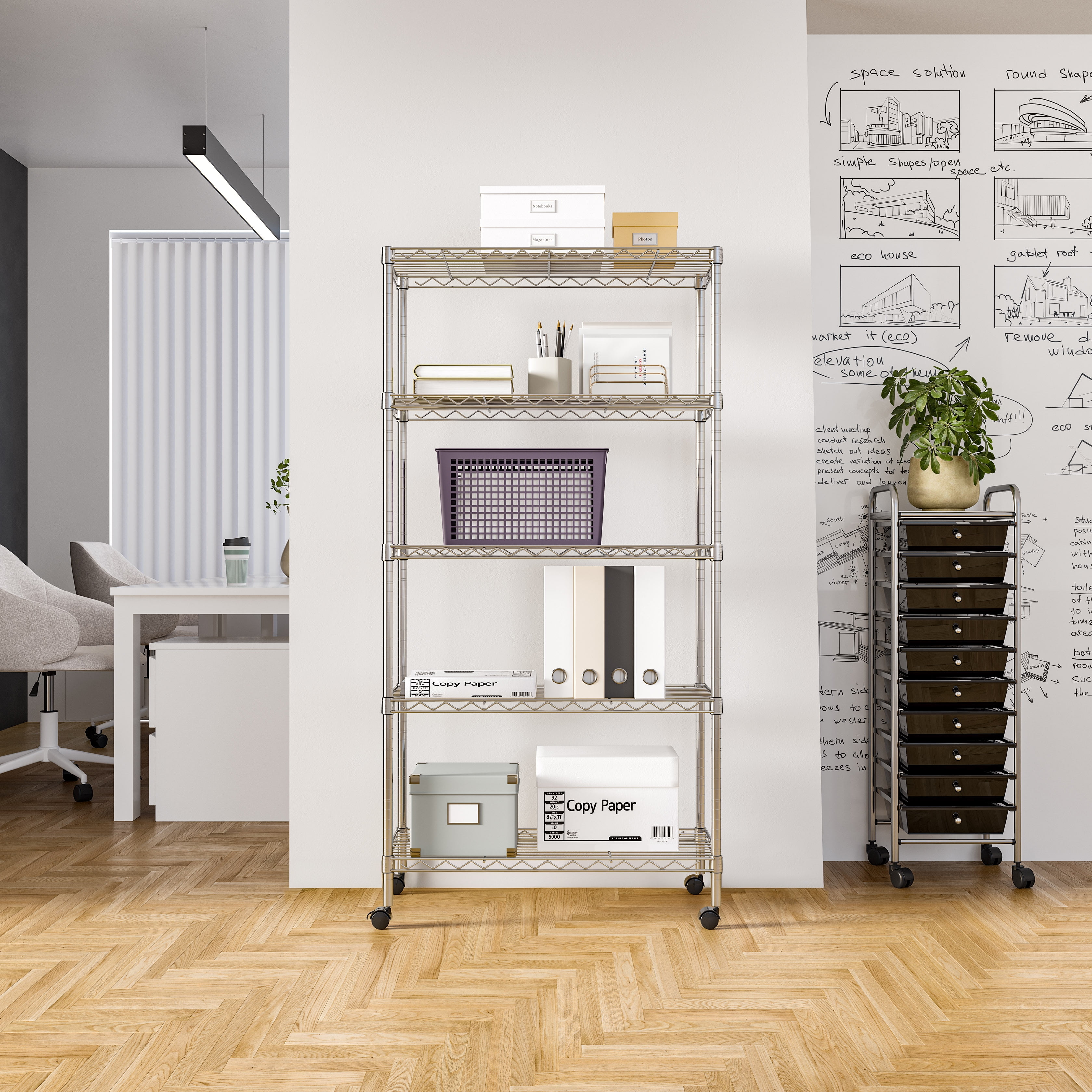 Seville Classics 5-Tier Steel Wire Shelving with Wheels, 30" W x 14" D x 60" H, Chrome Plated