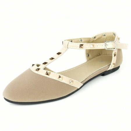 Women Studded Decor Round Toe Mary Jane Flats Fashionable Flat Shoes Rivets Ankle Strap Flat Sandals