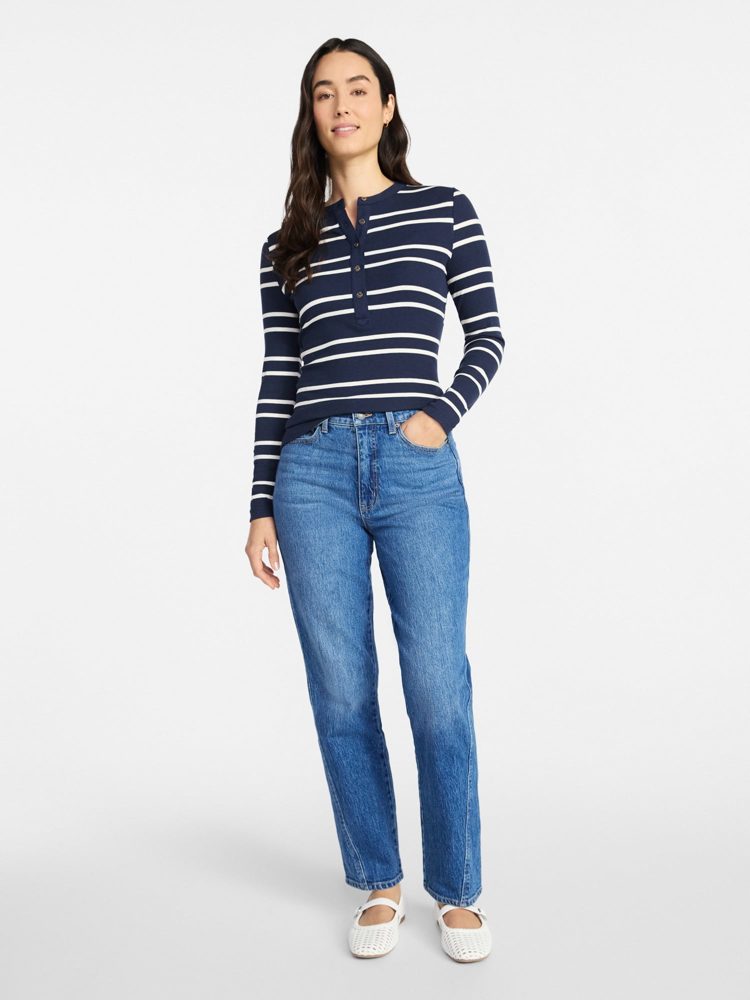 Time and Tru Women's Striped Henley with Long Sleeves, Sizes XS-XXXL