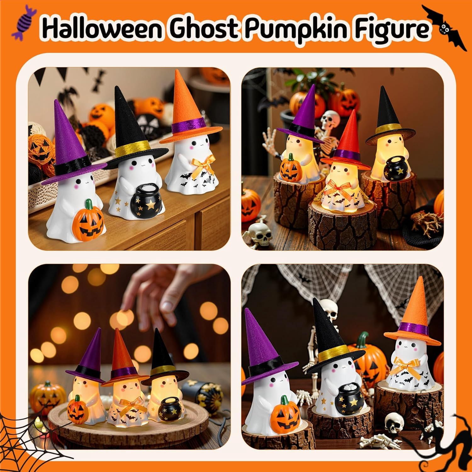 Halloween Decorations Indoor, 3Pcs Cute Spooky Ceramic Ghost Halloween Decorations, Ghost Figurines with Hats, Adorable Tabletop Decor for Mantel, Party, Home, Porch Decor