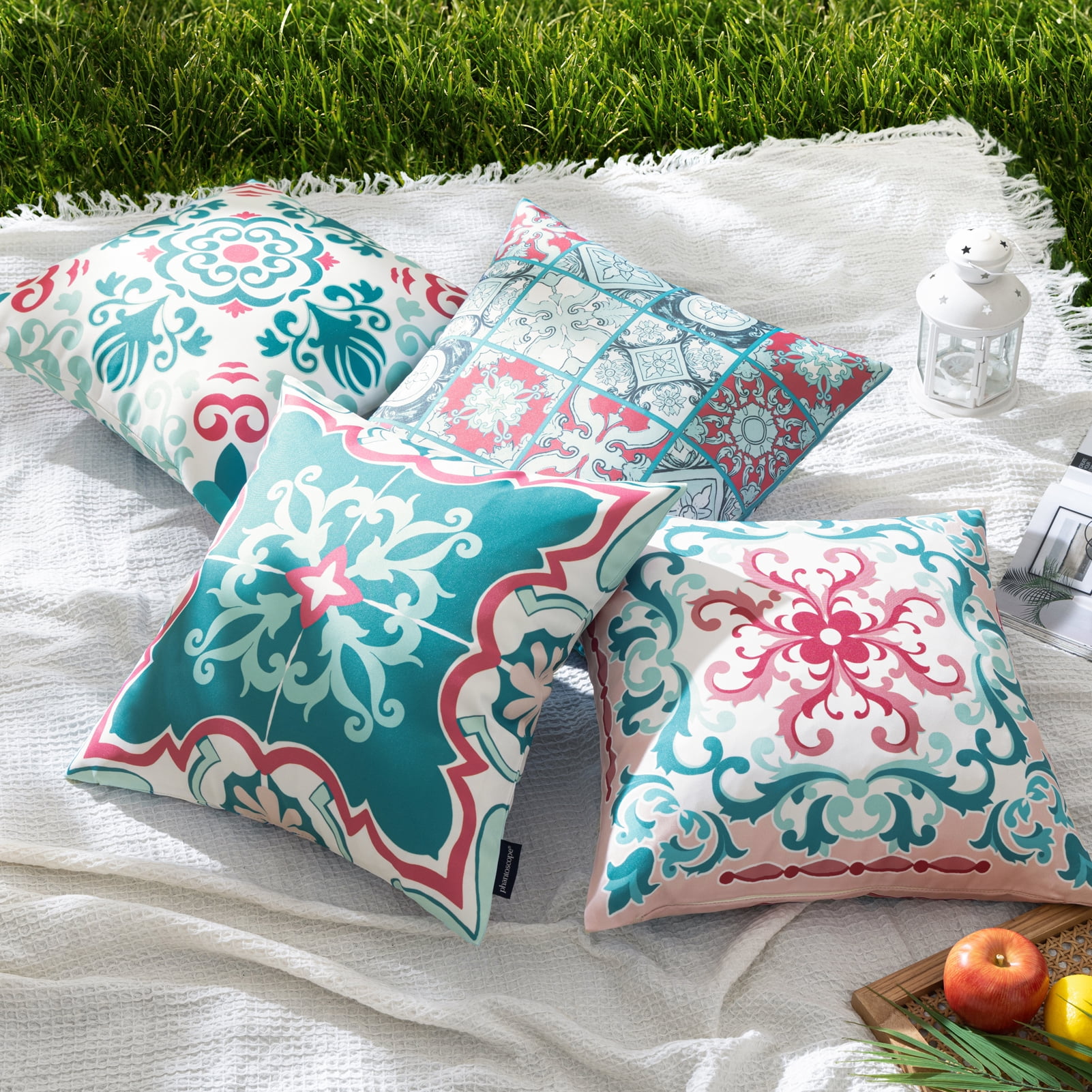 Phantoscope Set of 4 Outdoor Waterproof Faux Leather Throw Pillows Geometric Boho Decorative with Inserts for Patio Garden 18 x 18 inch Teal & Pink