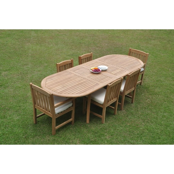 Grade-A Teak Dining Set: 6 Seater 7 Pc: 118" Double Extension Oval Table And 6 Devon Chairs (2 Arm & 4 Armless Chairs) Patio WholesaleTeak #WMDV42