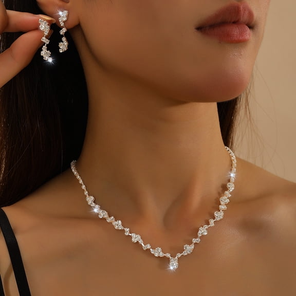 Faty-T Silver Prom Jewelry Sets Rhinestone Necklace and Earring Set Bridal Wedding Jewelry for Women and Brides