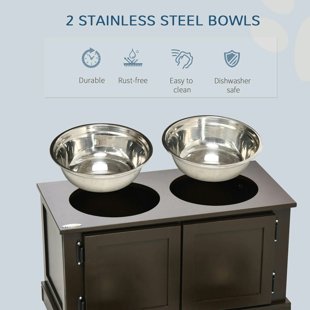 GVN Dog Bowls,Pet Feeder Cat Food Stand,Elevated Dog Bowls with Storage, Two Stainless Steel Bowls, Coffee