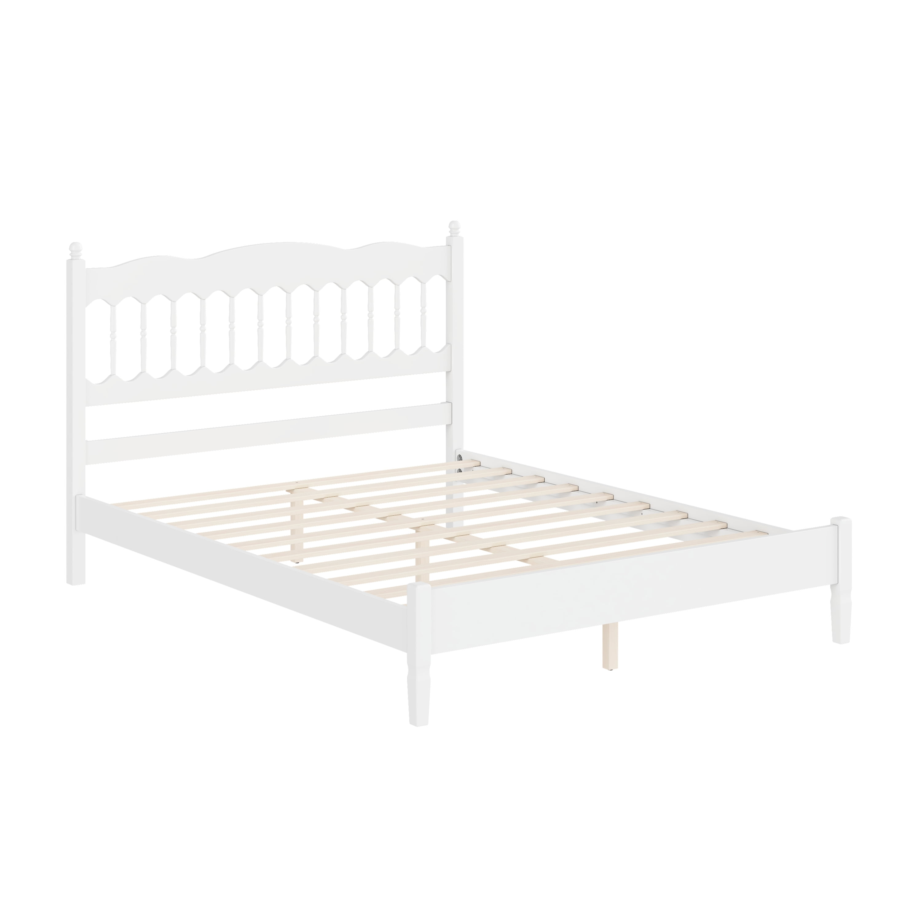 Euroco Wood Queen Size Platform Bed, Countryside Style Bed Frame with Spindle Headboard, No Box Spring Needed, White