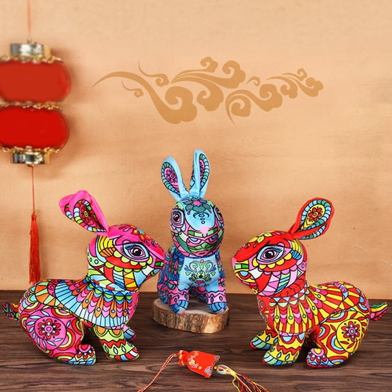 Biplut Bunny Plush Doll Chinese Style Colorful Prints Cute Bunny Doll Plushies Ornament PP Cotton Stuffed Animal 2023 Year Rabbit Doll Plush Toy New Year Gift